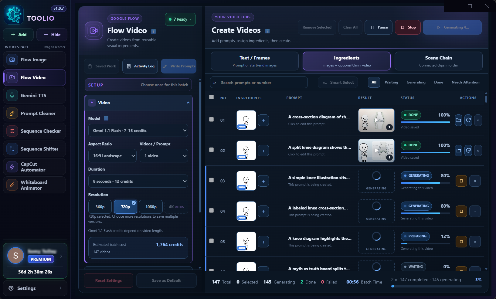 Toolio Flow Video interface showing video batches and prompt controls